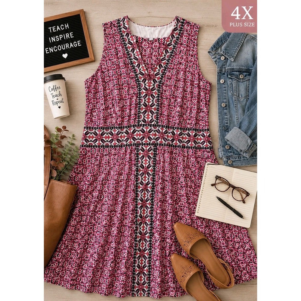 Plus Size 4X Sleeveless Knit Midi Dress Pink Floral Boho Stretch Sabrina & Blue